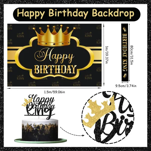 Miniatura 5 de Decoraciones de cumpleaños King para hombres, pancarta de fondo de fiesta de cumpleaños para niños, globos negros y dorados, decoraciones de feliz