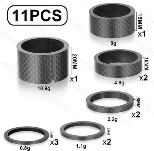 Miniatura 2 de BUCKLOS 11 unidades de auriculares espaciadores para bicicleta de 1-1/8 vástago de horquilla de aluminio de fibra de carbono – 20 15 10 5 3 0.079 in