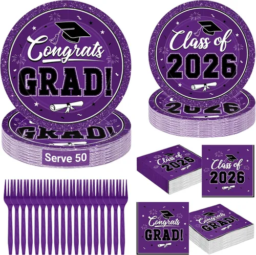 Miniatura 13 de QZYL 200 suministros para fiesta de graduación 2026, platos y servilletas de graduación negros y dorados, platos de postre desechables y tenedores