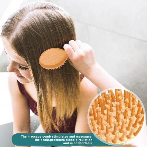 Miniatura 6 de Mini cepillo de bambú para el crecimiento del cabello, cepillo masajeador de madera natural con diseño de mango y pasadores de madera redondos