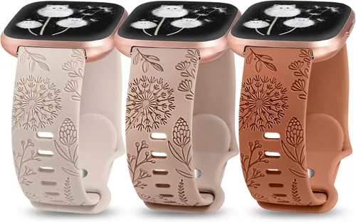 Miniatura 7 de Minyee Paquete de 3 correas grabadas florales compatibles con Fitbit Versa 2/Versa Lite, silicona suave, patrón de flor de diente de león, correa