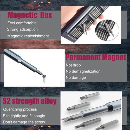 Miniatura 2 de Kit de destornilladores de precisión con funda magnética de aleación de aluminio de empuje para abrir, 24 puntas para teléfono, computadora, reloj