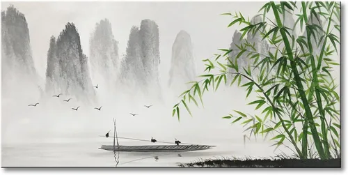 Miniatura 3 de Pintura Shanshui China en Blanco y Negro, Arte de Pared de Paisaje Verde Bambú, Obra de Arte en Lienzo