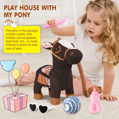 Miniatura 4 de HCdoujoy Poni Negro de Peluche Interactivo que Camina, Juguete de Poni que Canta y Baila, Musical, Realista, Juguete de Caballo de Peluche