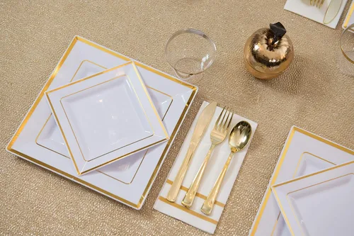 Miniatura 3 de Toallas de mano desechables para baño, diseño dorado 200 toallas desechables con tacto de lino para invitados – Servilletas formales para cena