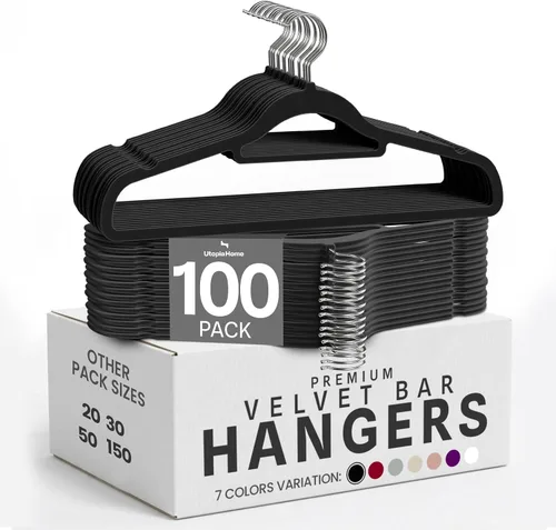 Miniatura 21 de Utopia Home Perchas de terciopelo de alta calidad, paquete de 20 – Percha antideslizante con barra de amarre – Perchas negras con gancho giratorio