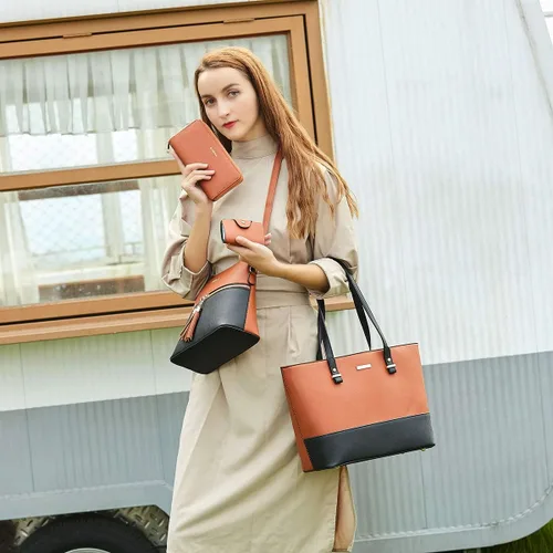 Miniatura 137 de Juego de 4 bolsas modernos para mujer de cuero sintético: bolso tote, bolso de hombro, bolso de mano y cartera.