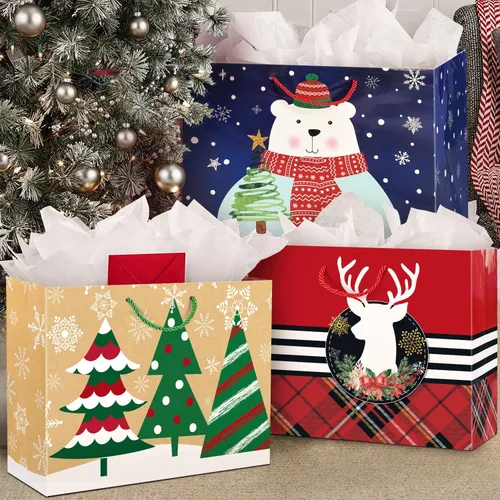 Miniatura 3 de Party Funny 12 bolsas de papel de regalo de Navidad extra grandes a granel con asas y 60 etiquetas de regalo de Navidad - 6 diseños, juego de sacos