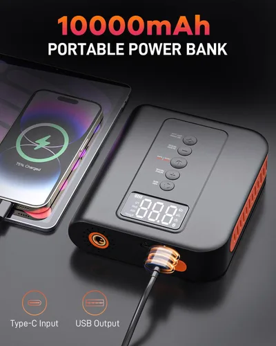 Miniatura 5 de Arrancador de batería con compresor de aire para automóvil, paquete de energía portátil de 10000mAh 150PSI inflador de neumáticos, carga USB, luz
