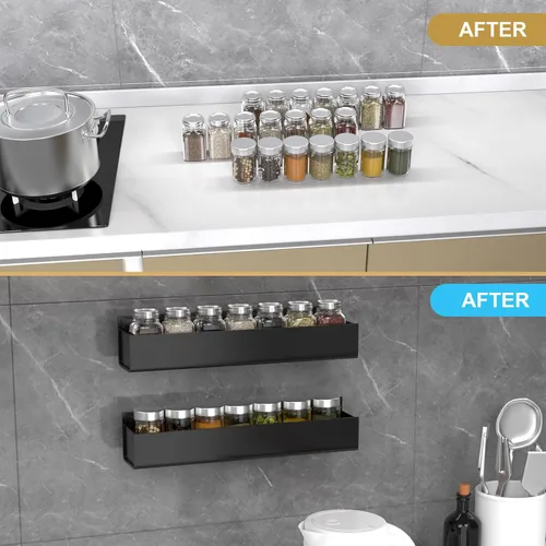 Miniatura 4 de PMMASTO Organizador de especias acrílico adhesivo para pared con cinta nano de doble cara, organización de estante de especias para puerta de Negro