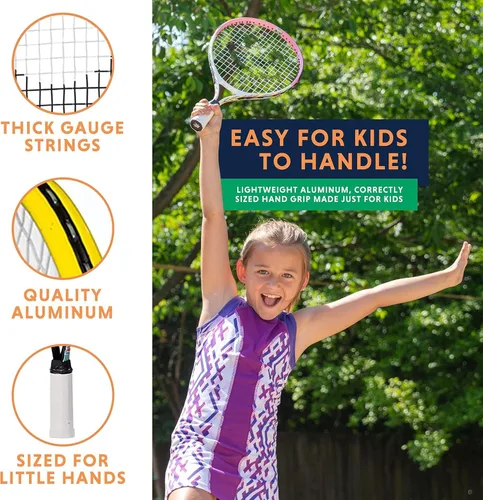 Miniatura 9 de Raqueta de tenis para niños con videos de entrenamiento – Raqueta de tenis juvenil de aluminio con mango de neopreno para niños de 5 a 12 años