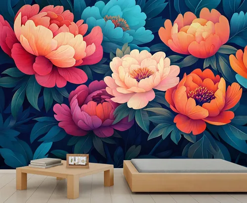 Miniatura 31 de Mural de pared floral retro, papel tapiz rústico floral de bar, flores abstractas 3D, impermeable, para cafetería, restaurante, sala de estar