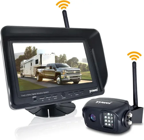 Yuwei Kit de sistema de cámara de respaldo inalámbrica digital, AHD1080P, cámara de visión trasera inalámbrica y monitor de marcha atrás inalámbrico