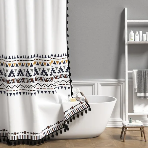 Miniatura 6 de AOFOTO Cortina de Ducha Boho con Patrón Geométrico de Rayas Negras Cortinas de Ducha para Baño con Borlas Cortina de Ducha Bohemia Decoración