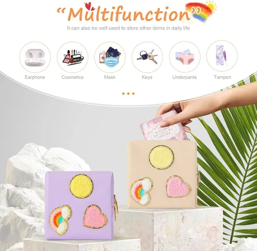 Miniatura 4 de Paquete de 2 bolsas para el período, bolsa de almacenamiento de servilletas sanitarias de piel sintética para almohadillas femeninas, forros, Style 6