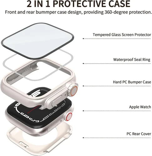 Miniatura 2 de Funda impermeable 2 en 1 compatible con Apple Watch de 1.61 pulgadas, protector de pantalla Series 9/8/7 (diseño ultra estilo) iWatch de vidrio Luz