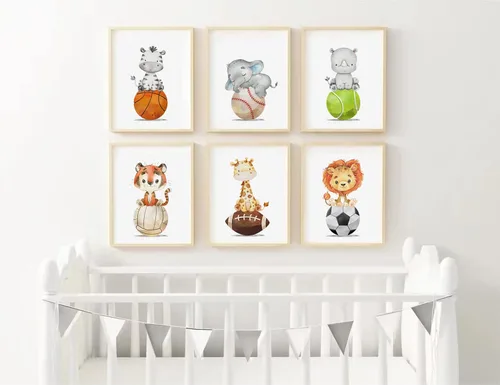 Miniatura 3 de Arte de pared para bebé niño, decoración deportiva para guardería, lienzo de animales de safari, arte de pared de bosque para habitación de bebé