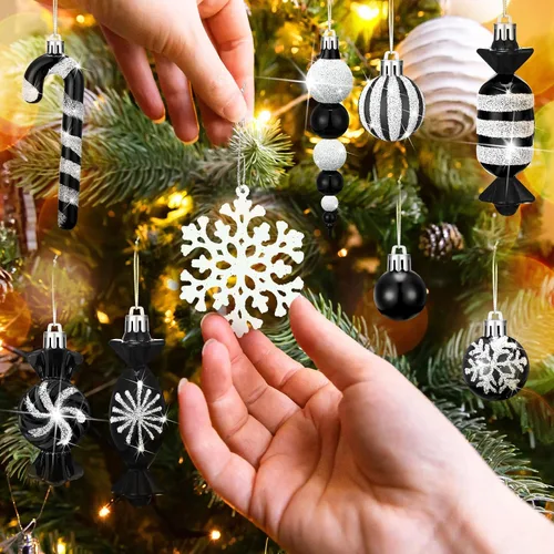 Miniatura 4 de 120 Piezas Adornos para Árbol de Navidad en Blanco y Negro Bola de Navidad Copo de Nieve Colgantes Adornos de Dulces Remolino Adorno de Piruleta