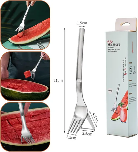 Miniatura 2 de Cortador de acero inoxidable con horquilla de sandía, herramienta de corte de cubo de melón fascinado para niños, cuchillo utilitario para tallar