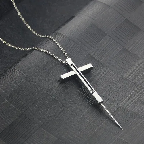 Miniatura 3 de Collar de cruz de defensa personal, cadena de 21 pulgadas, herramienta de protección oculta de acero inoxidable con bloqueo de seguridad, Acero