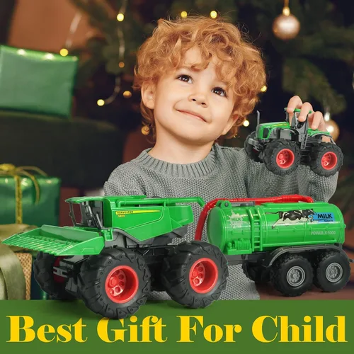 Miniatura 4 de Combine Harvester Tractor con remolques, juego de 4 juguetes de granja para niños y niños pequeños de 3 a 5 años, camiones esparcidores monstruos