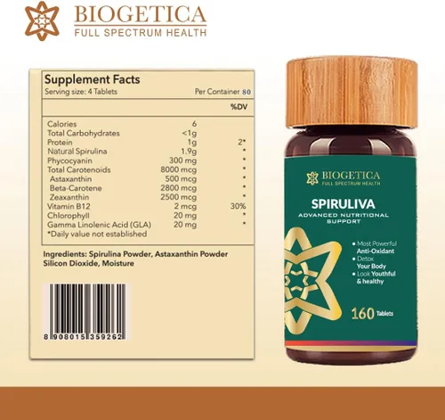 Miniatura 6 de Biogetica Píldoras orgánicas de espiruliva con astaxantina, sin OMG, ricas en proteínas veganas, vitaminas y prebióticos, suplemento de ayurveda