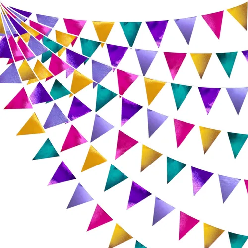 Miniatura 50 de Decoración de fiesta iridiscente de 33 pies, tela holográfica, banderín triangular, banderín de algodón, guirnalda de banderines para cumpleaños