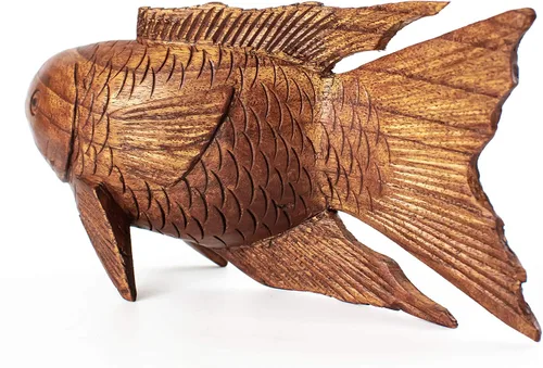 Miniatura 3 de G6 Collection Figura grande de madera tallada a mano de pez Koi de 16 pulgadas, acento decorativo costero para el hogar, escultura de arte