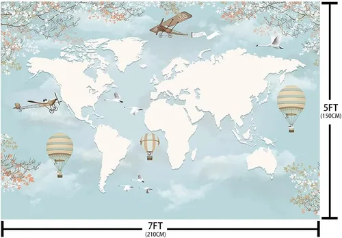Miniatura 5 de Sendy Fondo de viaje de 7 x 5 pies, decoración de fiesta de baby shower, mapa del mundo alrededor del mundo, aventura espera avión, cumpleaños