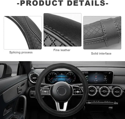 Miniatura 4 de Funda de cuero para volante de coche, protector de volante de coche de 38 cm, antideslizante, transpirable, protector de volante de cuero