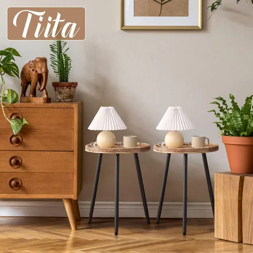 Miniatura 7 de Tiita Mesa auxiliar redonda mental, mesita de noche, mesas pequeñas de madera, mesa de centro con bandeja de madera para sala de estar, dormitorio