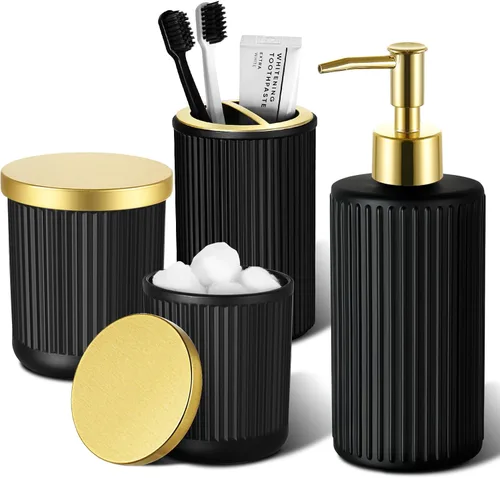 RYTOXILO Juego de accesorios de baño negro mate y dorado, 4 paquetes de juegos de accesorios de baño de vidrio completos, juego de dispensador de