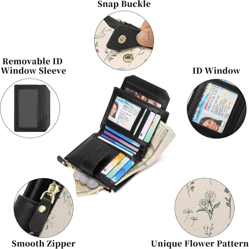 Miniatura 5 de GAEKEAO Carteras pequeñas para mujer, con bloqueo RFID, de cuero vegano, plegable, floral, compacto, tarjetero con bolsillo con cremallera, ventana