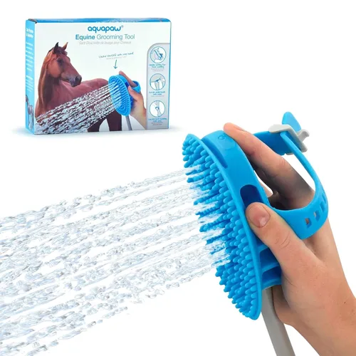 Aquapaw Cepillo de baño 5 en 1 para caballos y perros y peine de curry – Silicona azul XL – Incluye accesorio de manguera de ducha de 3 pies y