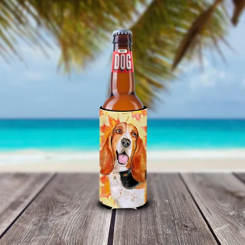 Miniatura 2 de Caroline's Treasures BB9965MUK Basset Hound Fall Ultra Hugger para latas delgadas, funda amarilla para enfriar latas, abrazador lavable a máquina