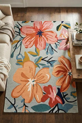 Miniatura 3 de Restoration and Renovation Alfombra de lana floral copetuda a mano Diseño moderno de flores coloridas, alfombra gruesa y suave para sala de estar