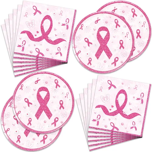 48 piezas de decoraciones para fiesta del cáncer de mama incluyen platos, servilletas, decoraciones para fiesta libres de cáncer para servir a 24
