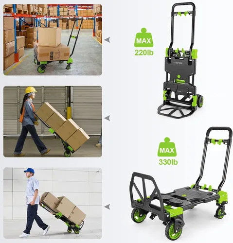 Miniatura 7 de Carretilla de mano plegable de 330 libras para trabajo pesado, combinación de cuatro ruedas y dos ruedas, carrito convertible con mango retráctil