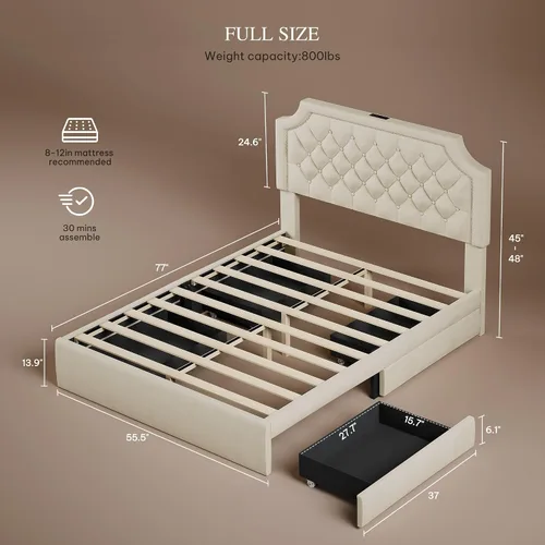 Miniatura 2 de DWVO Base de cama de tamaño matrimonial con cabecera ajustable, 4 cajones de almacenamiento y estación de carga, marco de cama tapizado de Beige