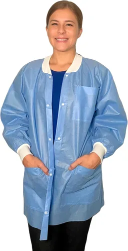 Miniatura 3 de Chaqueta de laboratorio Endure, desechable, longitud de cintura o cadera, cuello de punto y puños de punto, material SMS, caja de 30
