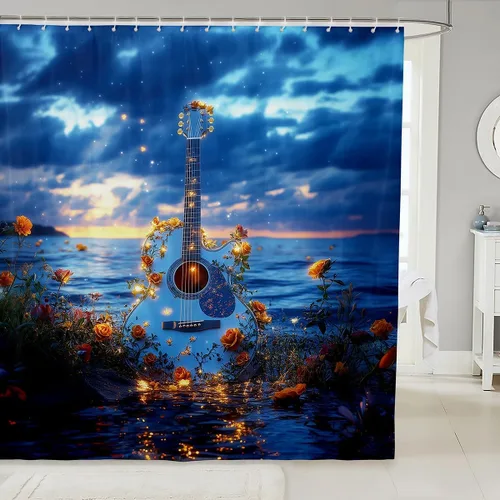 Miniatura 9 de Cortina de ducha de guitarra roja, cortina de baño de música Hip Pop, decoración de baño para niños y niñas, cortina de baño de guitarra de moda
