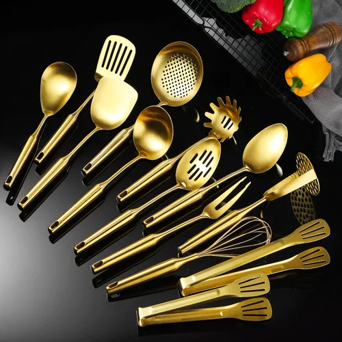 Miniatura 7 de Utensilios de cocina dorados para cocinar, 13 unidades, acero inoxidable, cuchara ranurada sólida, tenedor, espátula, cucharón, espumador, afinador