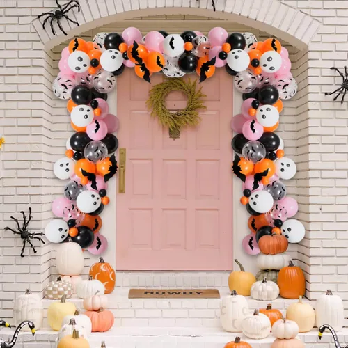 Miniatura 6 de Kit de guirnalda de arco de globos de Halloween, arco de globos de Halloween rosa, negro y naranja con globos de aluminio BOO, globos de calavera