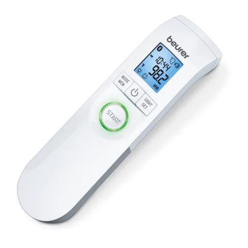Beurer Termómetro Bluetooth sin contacto, frente, objeto, temperatura ambiente, alta precisión, pantalla iluminada azul XL, 60 espacios de memoria,