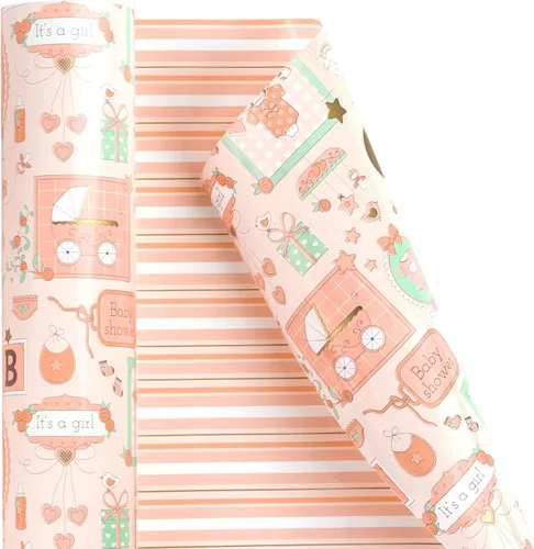 Miniatura 3 de WRAPAHOLIC - Papel de regalo reversible para bebé niña, mini rollo - 17 pulgadas x 33 pies - Diseño de bebé niña y rayas para baby shower, Bebita