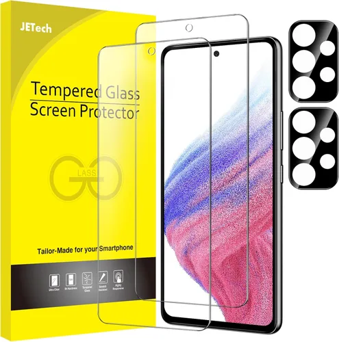 JETech Protector de pantalla para Samsung Galaxy A53 5G con protector de lente de cámara, película de vidrio templado, transparente HD, paquete de 2