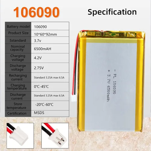 Miniatura 2 de Batería recargable Lipo de iones de polímero de litio de 3.7V 10X 6500mAh 106090 con conector PH 0.079 in