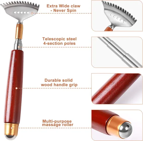 Miniatura 2 de Rascador de espalda para mujeres, hombres y adultos, extensible con bola de rodillo, mango de madera maciza y garra de acero inoxidable 304 Rojo
