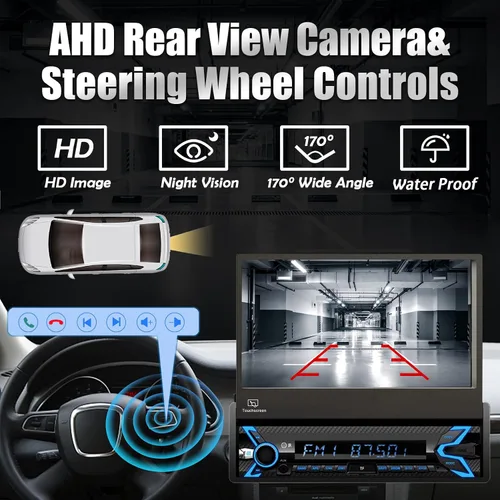 Miniatura 6 de Estéreo de automóvil de un solo DIN compatible con Apple Carplay y Android Auto, pantalla táctil HD plegable motorizada con flip de 7 pulgadas