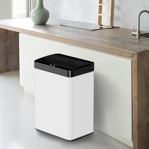 Bote de basura de 13 galones con tapa, cubo de basura automático de alta capacidad con sensor de movimiento de acero inoxidable para cocina y Blanco